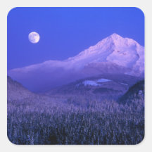 Moonrise over Mt Hood winter, Oregon Square Stickers