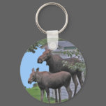 Moose cow with her calf Keychain