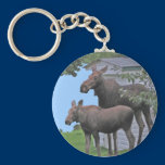 Moose cow with her calf Keychain keychains