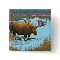 Moose Drinking at Lake - Glacier National Park, Pinback Button