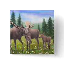 Moose Family in a Northern Forest Pin buttons