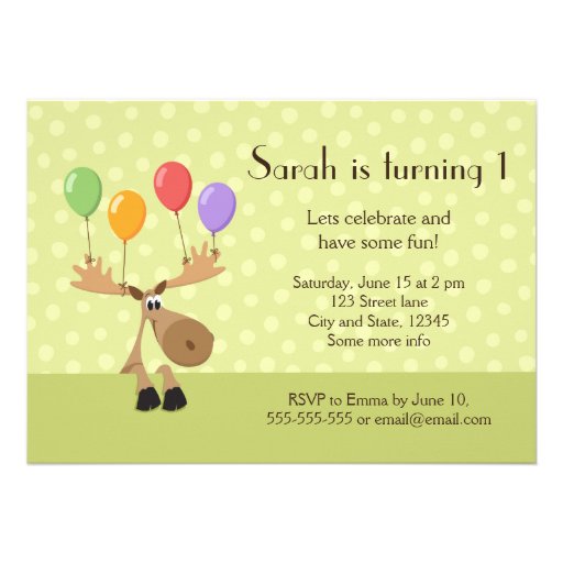 Moose with balloons green birthday party invite