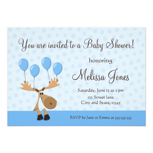 Moose with blue balloons baby shower invite