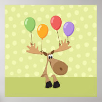 Moose with colorful balloons kids poster print
