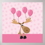 Moose with pink balloons kids poster print