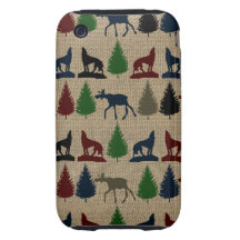 Moose Wolf Pine Tree Rustic Burlap Print iPhone 3 Tough Case