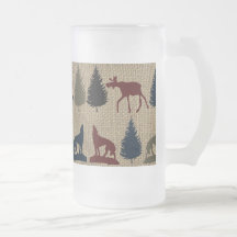 Moose Wolf Pine Tree Rustic Burlap Print Mugs