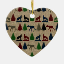 Moose Wolf Pine Tree Rustic Burlap Print Outdoors Ornaments