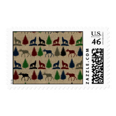 Moose Wolf Pine Tree Rustic Burlap Print Outdoors Postage Stamps