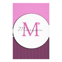 Morgan monogram chevron and stripes pink black personalized stationery