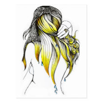 morning, glory, drops, water, hair, long, artsprojekt, white, minimalism, patricia, vidour, fantasy, ink, drawing, simplicity, design, woman, femme, girl, decorating, clear, visual, accent, simple, area, illustration, fairy, inspiring, magic, black, bird, land, imaginary, magical, painting, tango, female, grownup, Ipomoea nil, female person, Postkort med brugerdefineret grafisk design