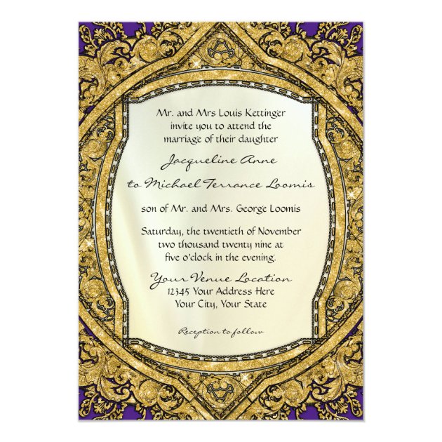 Moroccan Swirl Scroll Gold Glitter Elegant Wedding Card (front side)