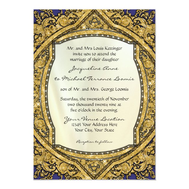 Moroccan Swirl Scroll Gold Glitter Elegant Wedding Card (front side)