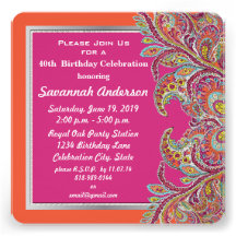 Moroccan Tangerine & Fuchsia 40th Birthday Party Personalized Announcements
