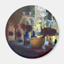 Mortar, Pestle and Bottles by Window Refrigerator Magnets