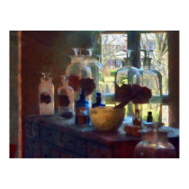 Mortar, Pestle and Bottles by Window posters