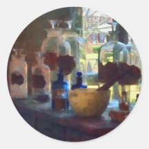 Mortar, Pestle and Bottles by Window Round Sticker