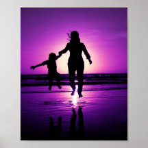 Mother and Son Child Beach Jumping Posters