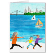 Mother chasing her two kids on beach card