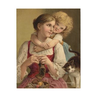 Mother Knitting with her Daughter Wood Wall Art