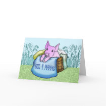 Mother, Mother's Day, Cute Pig in a basket, Welsh Greeting Card