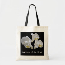 Mother of the Bride with white orchids on black Tote Bags