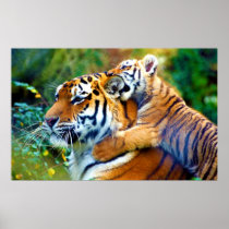 Mother Tiger with Baby Cub Climbing and Biting Ear Print