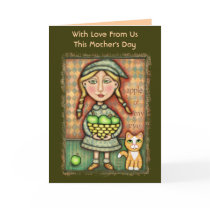 Mother's Day  Apple Girl & Cat Art Greeting Card