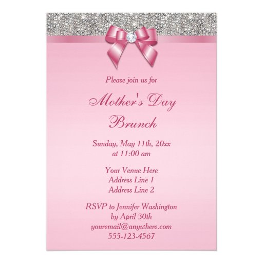 Mother's Day Brunch Silver Jewels Pink Faux Bow Card