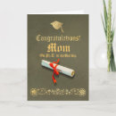 Mother's Day Card - Diploma image on the rich olive background with ornamental decorative stripe, graduation cap and inscription 'Congratulations Mom on Ph.D in mothering' in distressed gold leaf look.