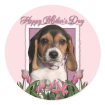 Mothers Day - Pink Tulips - Beagle Puppy Round Stickers