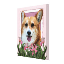 Mothers Day - Pink Tulips - Corgi - Owen Stretched Canvas Print