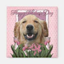 Mothers Day - Pink Tulips - Golden Retriever Fridge Magnets