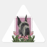 Mothers Day - Pink Tulips - Great Dane - Grey Triangle Sticker