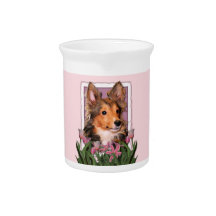 Mothers Day - Pink Tulips - Sheltie Puppy - Cooper Drink Pitcher