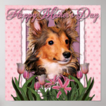 Mothers Day - Pink Tulips - Sheltie Puppy - Cooper Poster