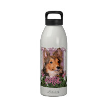 Mothers Day - Pink Tulips - Sheltie Puppy - Cooper Water Bottles