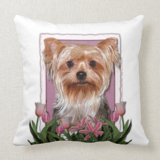 Mothers Day - Pink Tulips - Yorkshire Terrier Pillow