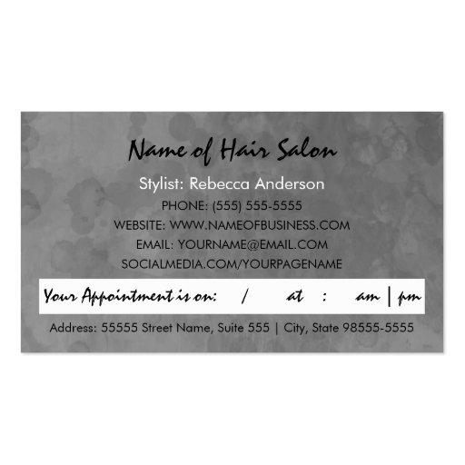 Mottled Silver Hairstylist Appointment Reminder Business Card (back side)