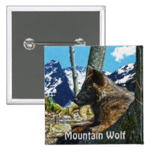 Mountain Black Wolf Resting by Trees Wildlife Art Button