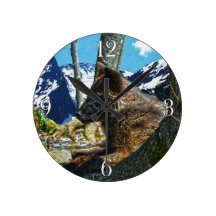Mountain Black Wolf Resting by Trees Wildlife Art Wallclock