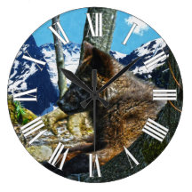 Mountain Black Wolf Resting by Trees Wildlife Art Wall Clock