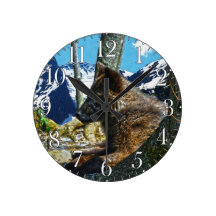 Mountain Black Wolf Resting by Trees Wildlife Art Wall Clocks