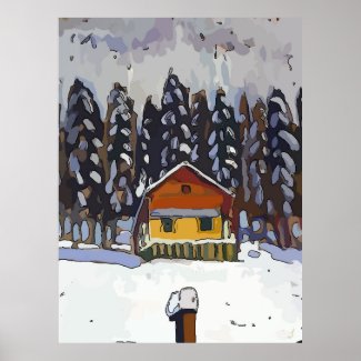 Mountain Cabin In Snow Posters
