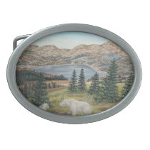 Mountain Goats Wildlife Art Mountain Lake Scene Oval Belt Buckle