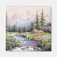 MOUNTAIN LOG CABIN by SHARON SHARPE Fridge Magnet