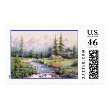 MOUNTAIN LOG CABIN by SHARON SHARPE Postage Stamp