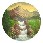 Mountainside Splash: Handmade Landscape Painting Round Stickers