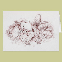 Mouse Family in Fall Leaves, Mushrooms, Nature cards