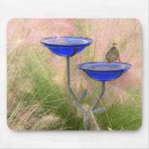 Mousepad, Blue Bird Bath with Finch by posyrosie Mousepad, Blue Bird Bath with Finch
